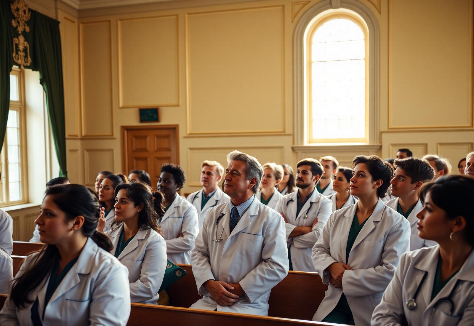 Physicians attending a masterclass in a warmly lit hall